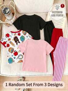 SHEIN 1 Set, 2 Pieces Sweet Back-To-School Style School Bus Print Cartoon Pencil Bow Short Sleeve Top And Pants Set, Randomly Sent 1 Set, Home And Outwear Set - Multicolor - View 2