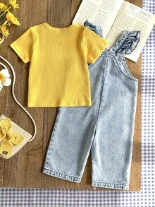 SHEIN Vintaside Kids 可愛女嬰藍色牛仔吊帶褲，荷葉袖、雛菊植物刺繡、口袋細節與肩帶設計，秋季款 - 藍色 - 查看 2