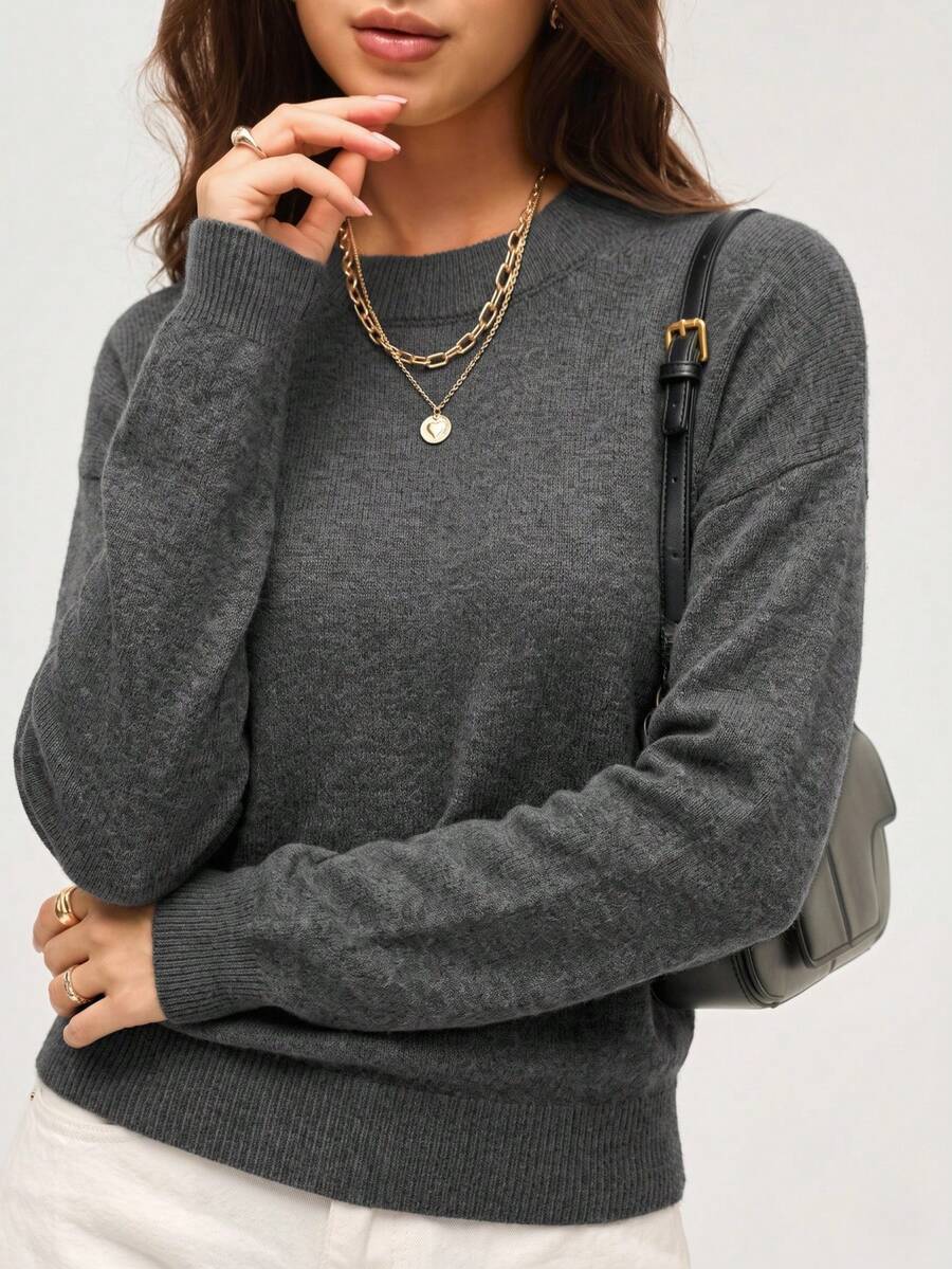 SHEIN Orluneo كنزة صوفية فضفاضة، ملابس علوية كاجوال، ملابس علوية قاعدة لون أساسي للنساء، ملابس علوية محبوكة للخريف والشتاء - رمادي - مشاهدة 1