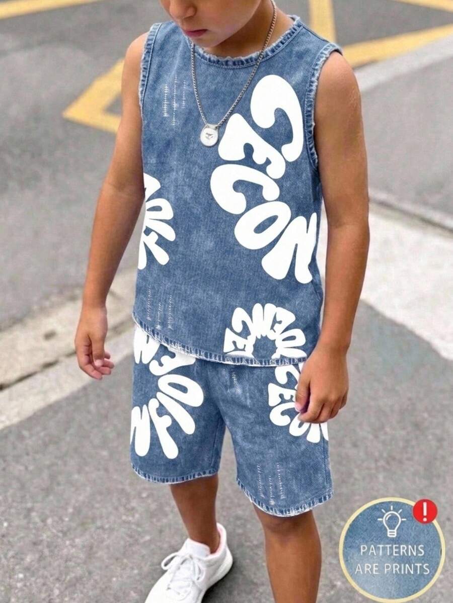 Young Boy Casual Minimalist Short Sleeve 2 Pieces Set Suitable For Spring/Summer With Cartoon Pattern - Multicolor - View 1