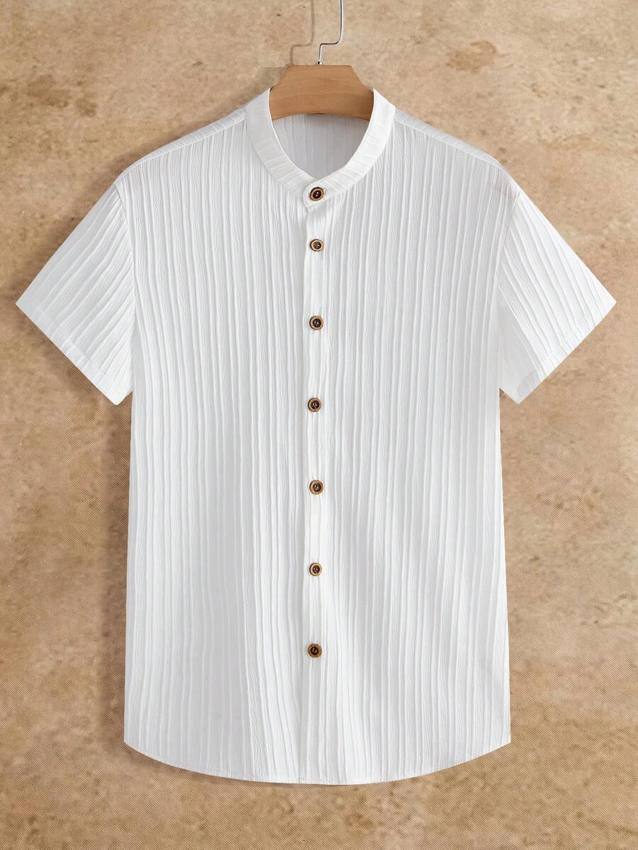 HIMLAND Men's Solid Color Short Sleeve Single-Breasted Woven Casual Shirt - White - View 1