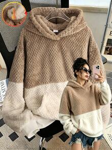 SHEIN 青少年女孩秋季配色拼接毛絨連帽抽繩長袖衛衣，寬鬆柔軟抓絨休閒寬大套頭上衣，旅行度假海灘白色 - 彩色 - 查看 1