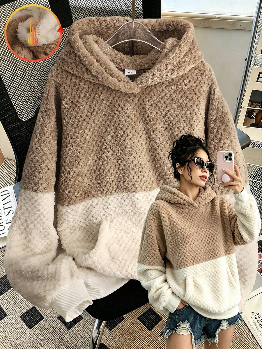 SHEIN 青少年女孩秋季配色拼接毛絨連帽抽繩長袖衛衣,寬鬆柔軟抓絨休閒寬大套頭上衣,旅行度假海灘白色 - 彩色 - 查看 1
