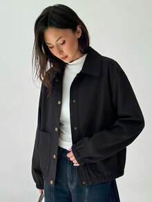 Aloruh 女款時尚單排扣長袖口袋夾克街頭風 - 黑色 - 查看 6