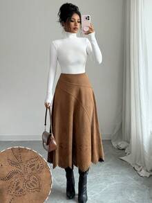 Modelyn 女款素色仿麂皮燒花鏤空優雅時尚長裙 - 棕色 - 查看 5