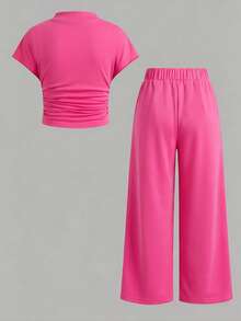 2 piezas/Set Conjunto de punto gris, top ajustado con cuello alto fruncido combinado con pantalones de pierna ancha, - Multicolor - Ver 2