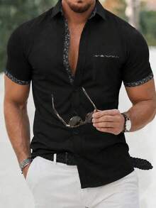 Manfinity Mode Men's Business Casual Dark Color Pocket Design Patchwork Short Sleeve Shirt - Black - View 4
