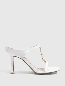 CUCCOO SZL Women's White Open Toe Slip On Heeled Sandals With Gold Chain Detail - White - View 2