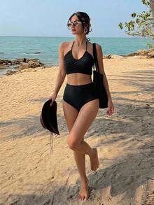 DAZY Black Sexy Ruched Flattering Vacation Swimwear Beach Outfits - Black - View 6