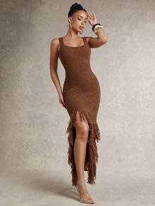 Silquee Women's Solid Color Tassel Design Casual Daily Knit Dress - Camel - View 6