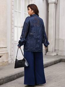 Chikora Plus Size Women's Printed Round Neck Batwing Sleeve Top Solid Straight Leg Pants With Pockets 2-Piece Set Dinner Formal Navy Blue Autumn Elegant Fall - Blue - View 3