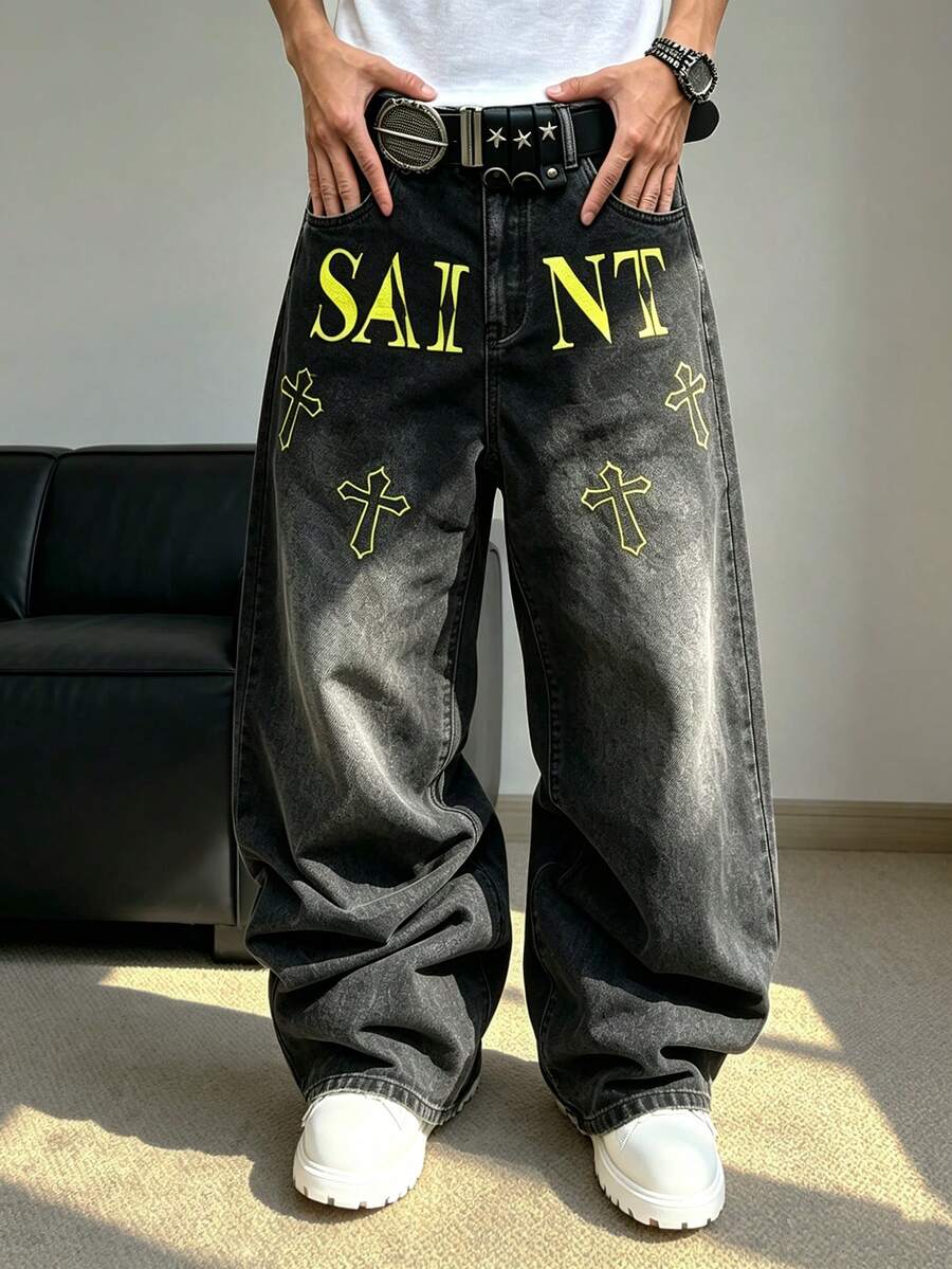 STEELVANCE Celana Jeans Hitam Model Lurus Lebar Gaya Streetwear Pria, Motif Salib Gothic, Denim Hitam Pudar - Hitam - View 1