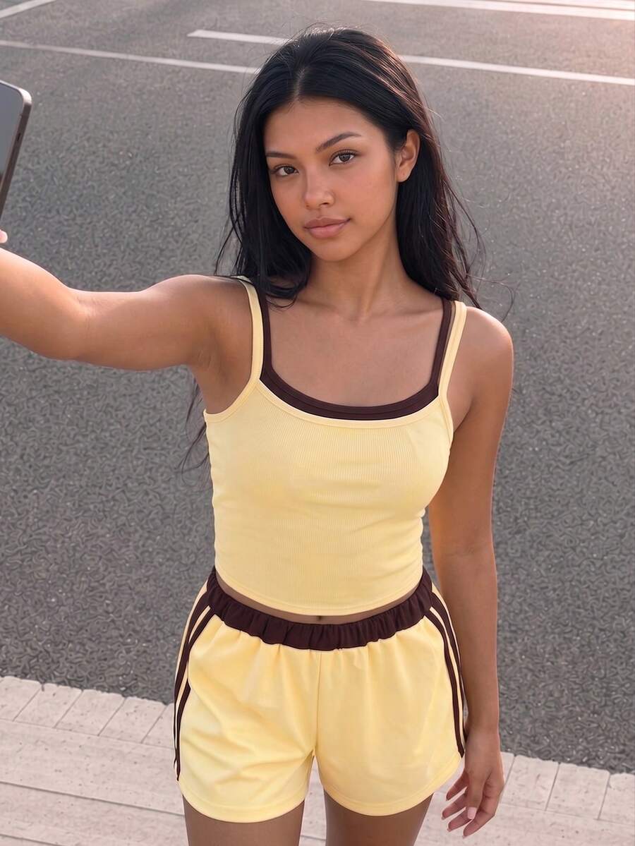 SHEIN 青少年女孩春夏季休閒百搭運動街頭風對比色2合1短版緊身上衣+寬鬆短褲背心套裝