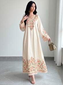 SHEIN Najma 女款米色花卉植物印花時尚V領長袖優雅阿拉伯風洋裝，春/秋度假旅行洋裝 - 彩色 - 查看 4