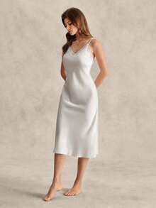 EverLounge Lace Trim Satin Slip Pajama Nightdress Luxeloungewear - White - View 5