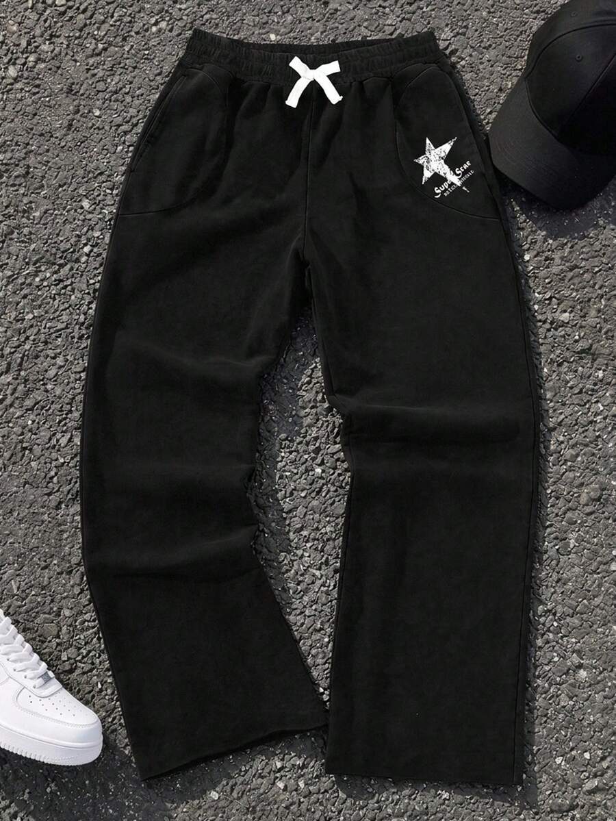 SHEIN 兒童青少年男孩休閒日常百搭舒適黑色水洗做舊效果印花直筒寬鬆運動長褲,適合返校、生日派對、晚會、表演、婚禮、洗禮、開幕式、日常穿著、學校、旅行、運動,春夏季 - 黑色 - 查看 1