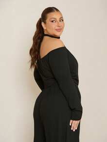 Lele Munniz Plus Size Frilya Women Solid Color Off-Shoulder Ruched Wide Leg Jumpsuit - Black - View 5