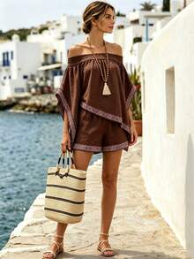 SHEIN Women's Vacation Style Off-Shoulder Linen Set, Summer Embroidery Loose Batwing Sleeve Top And Shorts Casual 2-Piece Outfit - Brown - View 3
