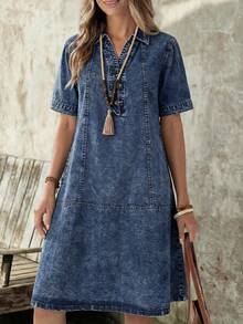 EMERY ROSE EMERY ROSE Women's Fashion Versatile Frog Button Short Sleeve Denim Dress Fall - Dark Wash - View 5