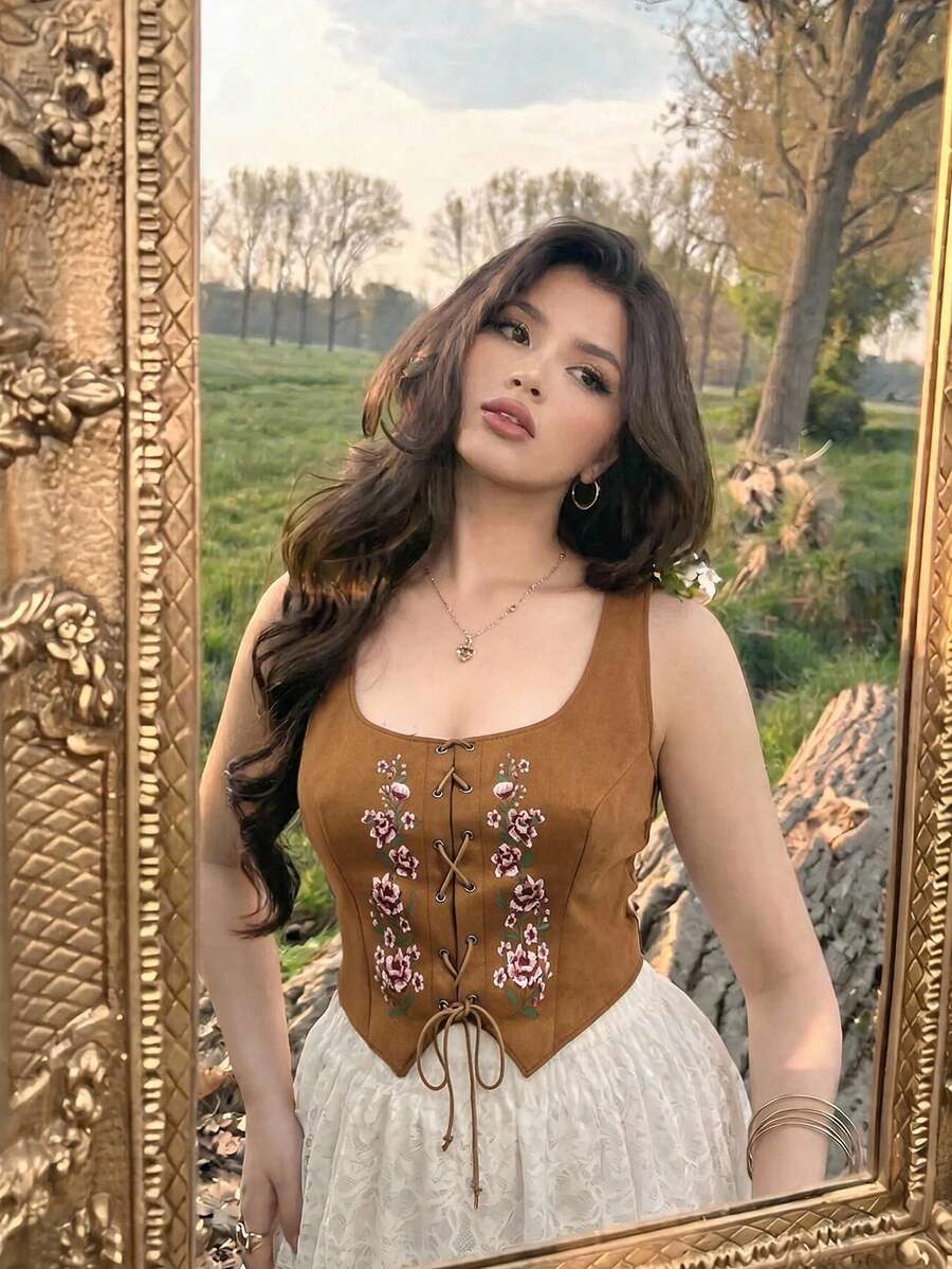 SHEIN MOD 大尺碼女款鏤空鈕扣不對稱下擺前綁帶磨砂高級麂皮印花背心,可正反穿,復古風,黑色 - 黑色 - 查看 1