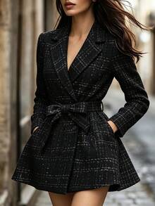 SHEIN Autumn/Winter Elegant Wool Blend Waist-Cinching Flared Women's Blazer Jacket With Lapel Collar, Suitable For Commuting And Daily Wear - Black - View 2