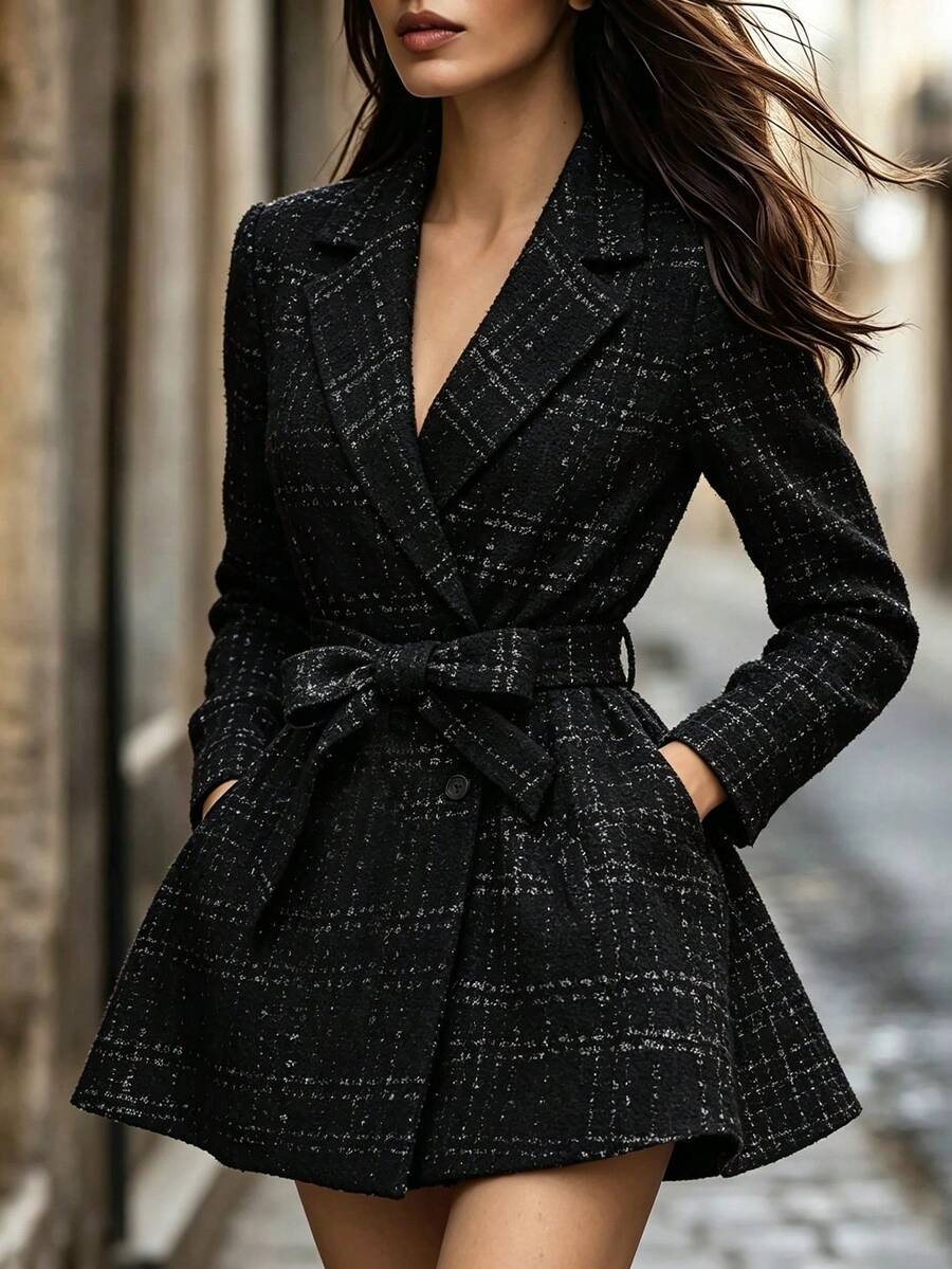 SHEIN Autumn/Winter Elegant Wool Blend Waist-Cinching Flared Women's Blazer Jacket With Lapel Collar, Suitable For Commuting And Daily Wear