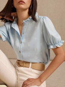 lacRébo Light Blue Floral Blouse With Ruffle Collar, Ruffled Short Sleeves And Front Button Opening - Blue - View 6