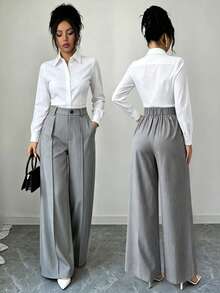 Elenzga Premium Light Gray Mid-Waist Front-Center Pleated Loose Wide-Leg Slimming Commuter Long Straight Suit Pants For Women - Grey - View 7