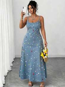 Elenzga Vestido de tirantes finos azul desgastado simple talla grande - Multicolor - Ver 4