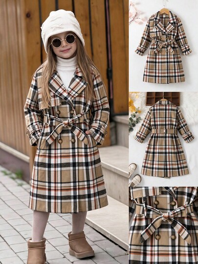 SHEIN Young Girl Plaid Long Sleeve Double-Breasted Casual Trench Coat
