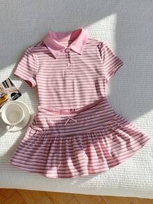 Girls' Summer Striped Polo Set, Classic Pink And Brown Striped Combination, Suitable For All Skin Tones - Pink - View 4