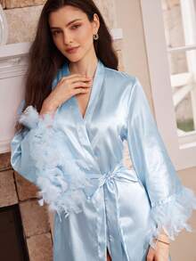Moireta Fuzzy Decor Satin Women's Robe - Dusty Blue - View 3