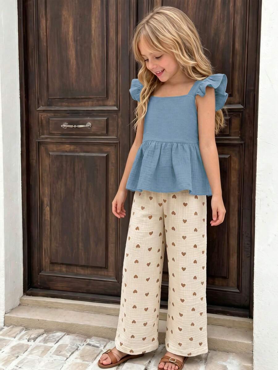 SHEIN Genkimix Kids Girls (Small) 2 Pieces Set, Solid Color Top And Heart Print Pants Outfit, Cute Outfit For Spring/Summer Outings And Vacations - Blue - View 1