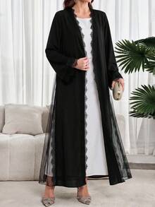Al Najma Women's Solid Color Lace Patchwork Elegant Long Sleeve Abaya - Black - View 5