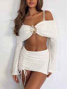 Bonvoyette Set Baju Renang Bikini Bandeau Seksi Warna Polos untuk Wanita, 3 Potong - Aprikot - View 2