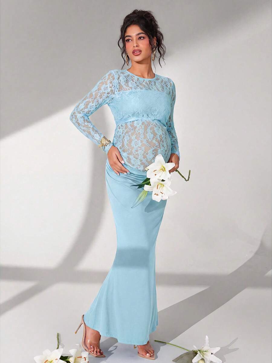 Cheriluna Maternity 純色蕾絲長袖長版抓皺魚尾下擺孕婦拍照套裝 - 淺藍色 - 查看 1