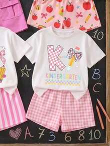 1Random Set, Young Girls Soft Fabric Round Neck Short Sleeve T-Shirt Set, With Cute Cartoon Pencil Pattern, Suitable For Back To School Season - Multicolor - View 5