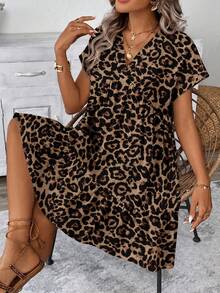 SHEIN LUNE Bohemian Vacation Casual Brown Leopard Print Dress - Multicolor - View 4