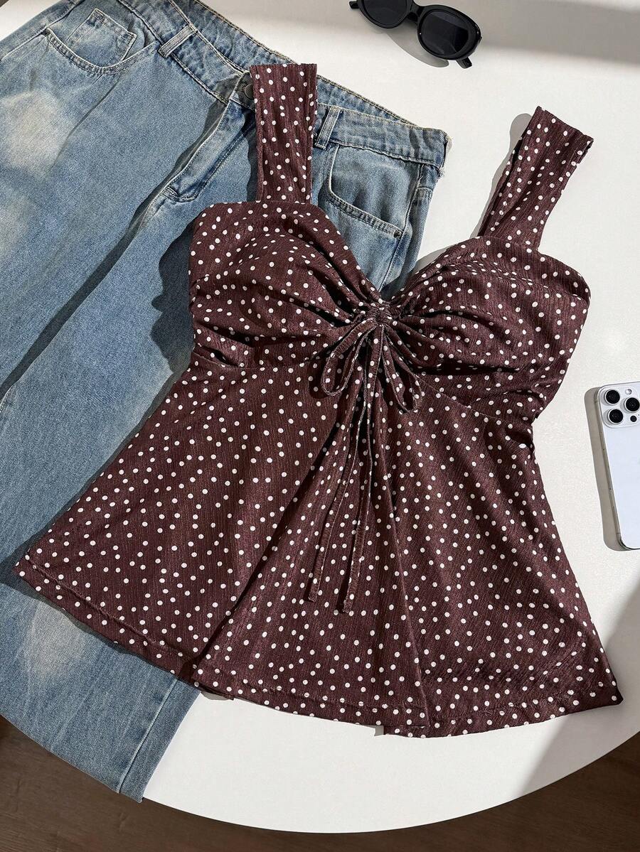 Comfortcana Plus Size Women's Summer Casual Polka Dot Print Top - Brown - View 1