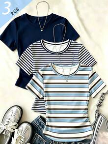 (3 Pcs) Summer Girls Big Kids Fashion Minimalist Blue Brown White Striped White Navy Striped Navy Solid Color Basic Waist Ruched Short Sleeve T-Shirt - Multicolor - View 1