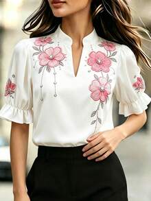 Velvienne Plus Size Women V-Neck Floral Print Casual Everyday Wear Shirt, - Multicolor - View 3