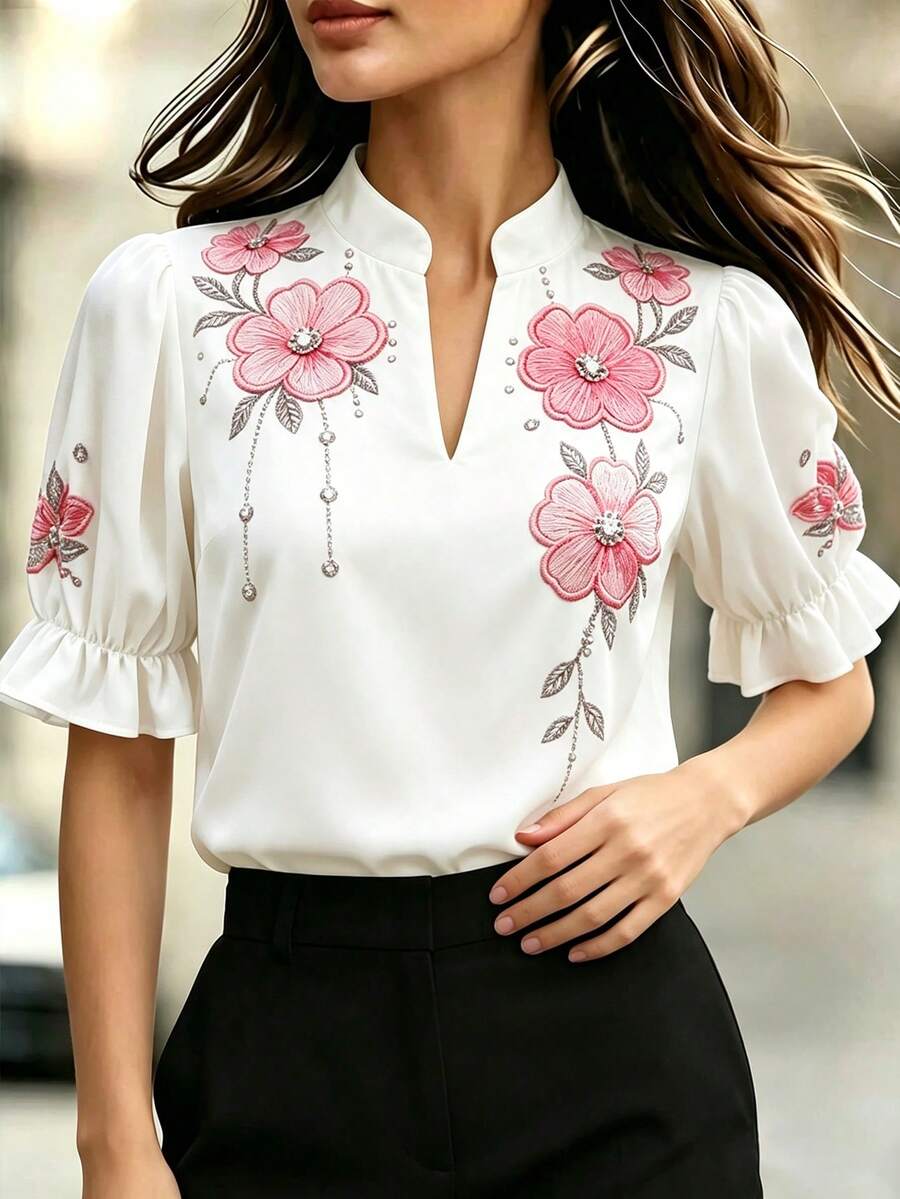 Velvienne Plus Size Women V-Neck Floral Print Casual Everyday Wear Shirt, - Multicolor - View 1
