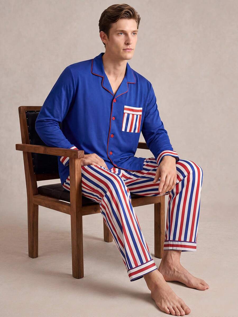 EverLounge 男士藍色上衣搭配紅白藍拼接休閒居家服套裝 - 彩色 - 查看 1