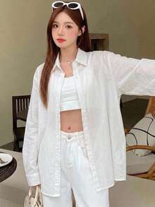 DAZY 優雅老錢風純色長袖春夏女款襯衫 - 白色 - 查看 4