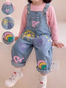 SHEIN Playful Pals Washed Denim Baby Girl Jumpsuit With Floral Print, Loose Bib Pants,Holiday,Summer,Travel - Light Wash - View 8