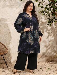 Al Najma Plus Size Women's Floral Print Notch V-Neck Long Shirt And Wide Leg Pants Arabian Set - Multicolor - View 6