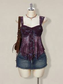 SHEIN ICON 女款全印花百褶休閒日常穿搭上衣 - 紫色 - 查看 1