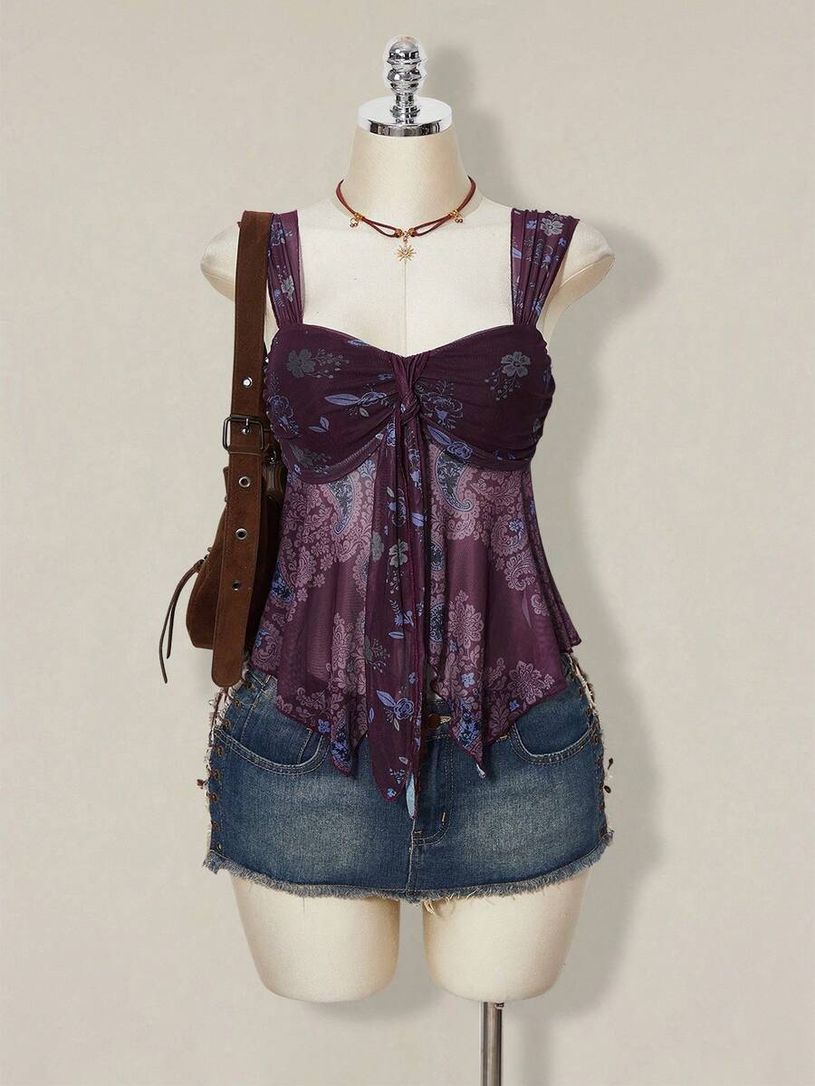 SHEIN ICON 女款全印花百褶休閒日常穿搭上衣 - 紫色 - 查看 1
