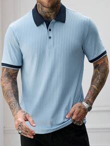 Manfinity Mode Camisa polo de manga corta con media abertura de botones y tejido acanalado para hombre - Azul - Ver 3