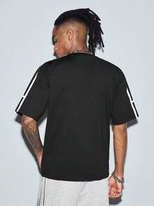Men's Casual Side Stripe Loose T-Shirt, American Street Style Round Neck Short Sleeve, Versatile For Summer - Black - View 2
